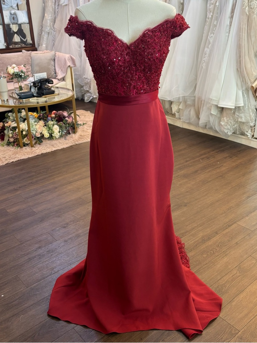 One-Shoulder Burgundy Evening Dress with Lace Bodice
